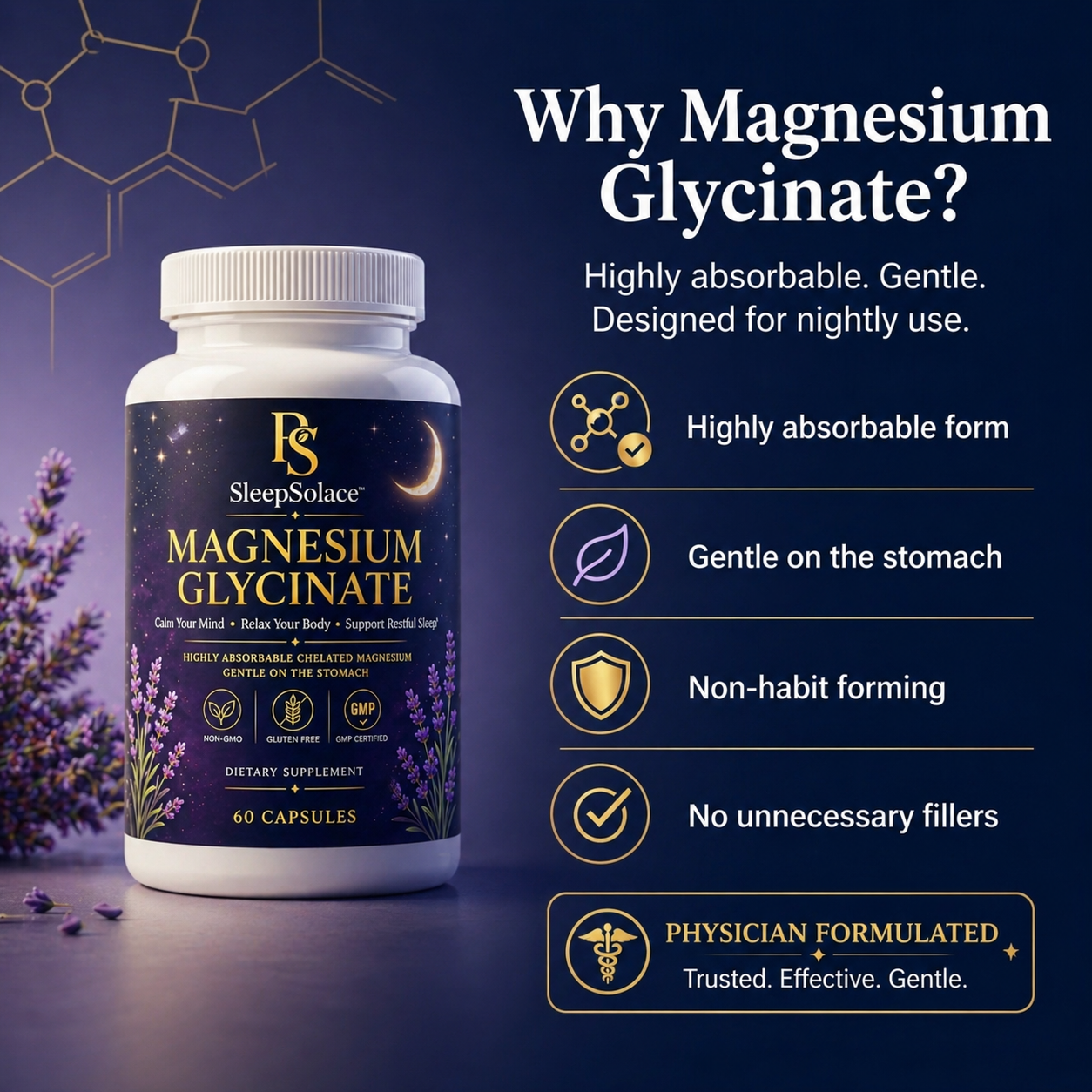 Sleep Solace Magnesium Glycinate – 60 Capsules
